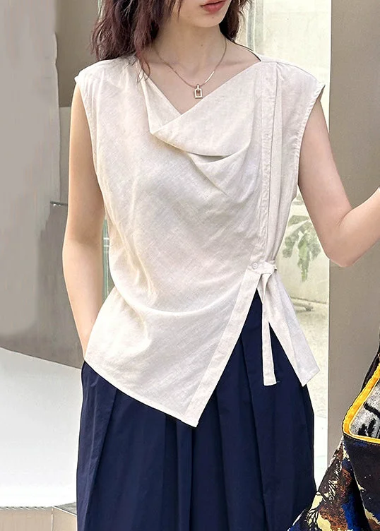 Beige Solid Cotton Blouse Tops Turtle Neck Sleeveless Elegant Peplum Blouse