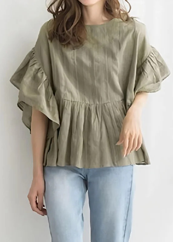 Boutique Green O-Neck Patchwork Wrinkled Cotton A Line Blouse Tops Butterfly Sleeve Chic Square Blouse