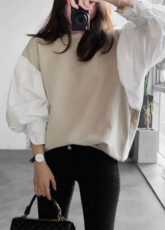Classy Khaki O Neck Patchwork Cotton Blouses Spring Bell Sleeve Blouse