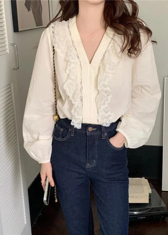 Classy White Ruffled Patchwork Lace Cotton Blouse Top Spring Casual Relaxed Blouse