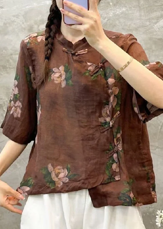 Coffee Button Linen Blouses Stand Collar Half Sleeve Soft Satin Blouse