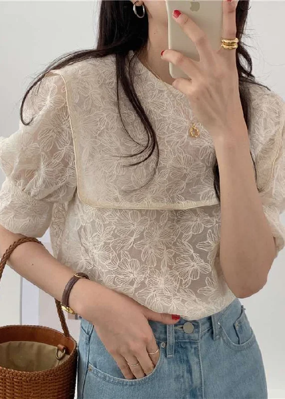 DIY Apricot Sailor Collar Embroideried Cotton Blouse Top Puff Sleeve Embellished Collar Blouse