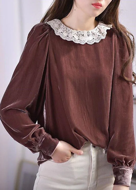 Elegant Brown O-Neck Lace Patchwork Silk Velour Blouses Spring Lightweight Linen Blouse