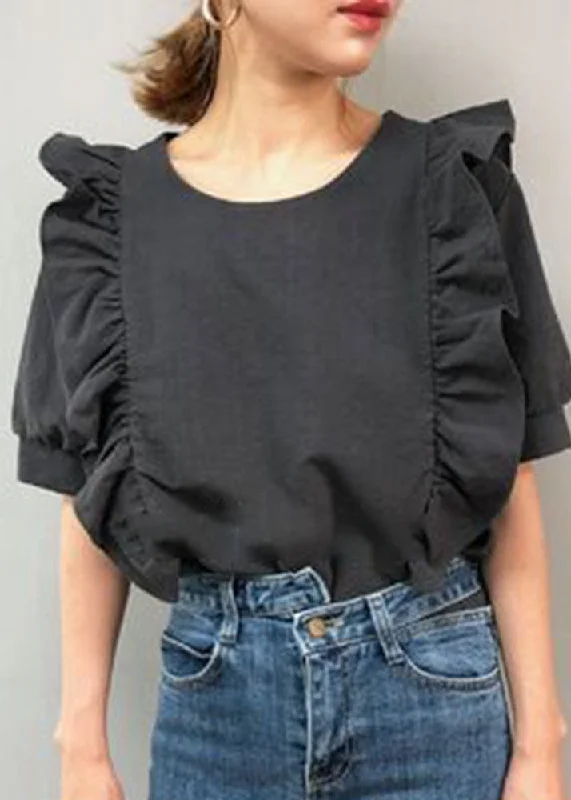 French Black Patchwork Ruffles Cotton Blouse Top Lantern Sleeve Elegant Lace Blouse