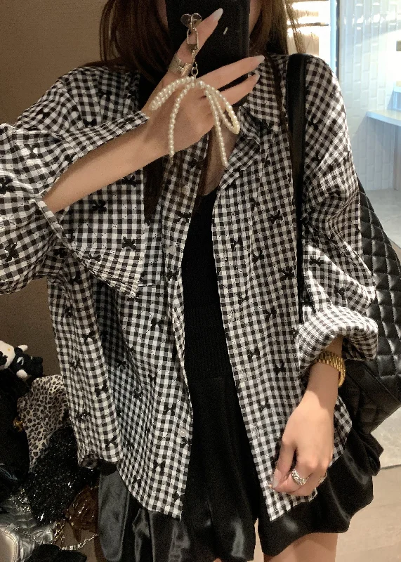 French Black Plaid Stand Collar Button Cotton Blouses Spring Floral Print Blouse