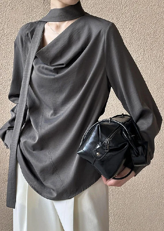 French Grey Button Bow Cotton Blouses Fall Soft Knit Blouse
