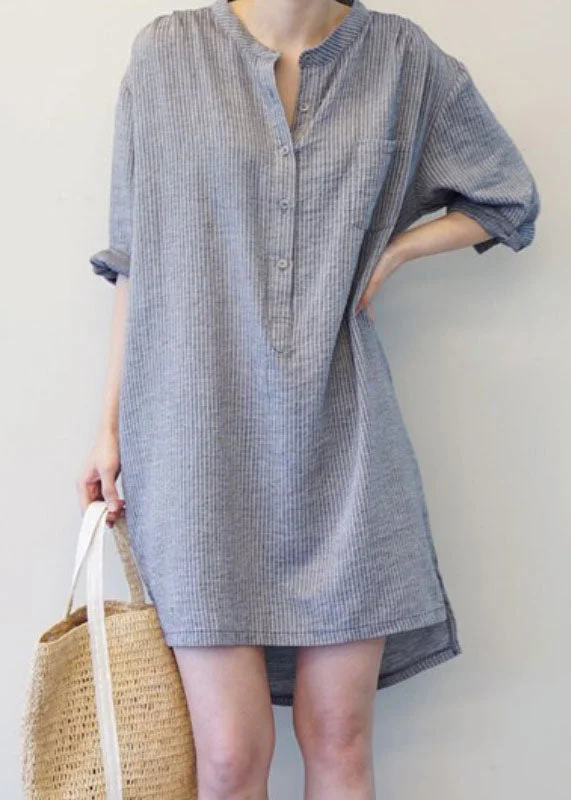 Handmade Blue Striped Asymmetrical Design Cotton Blouse Tops Spring Wrap Front Blouse