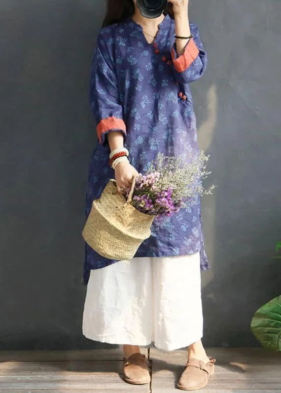 Handmade linen Robes Organic Retro Plant Print V-Neck Loose Ramie Blouse Loose Oversized Blouse