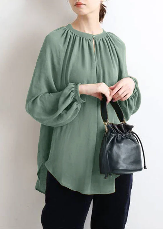 Italian Green O Neck Wrinkled Silk Blouse Tops Spring Asymmetric Hem Blouse