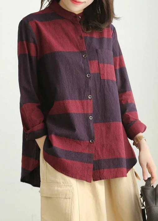 Loose Red Stand Collar Button Cotton Blouses Long Sleeve Pleated Collar Blouse