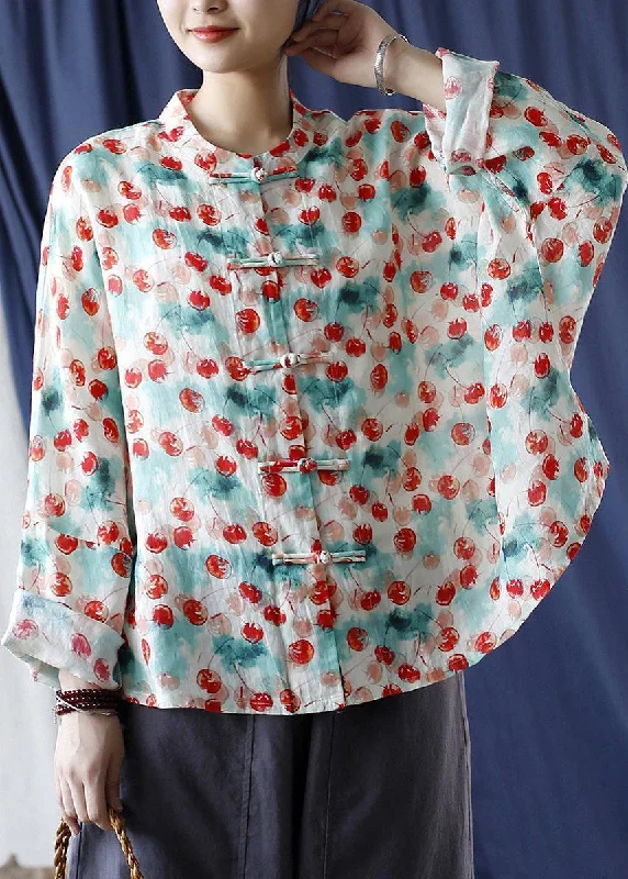 Loose Stand Collar Print Button Linen Blouse Long Sleeve Drape Neck Blouse