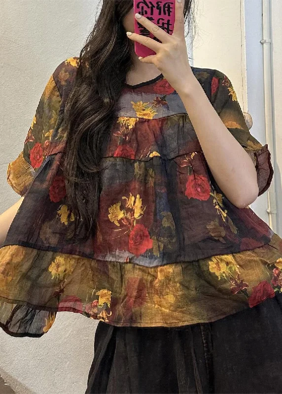 Loose Yellow O-Neck Print Patchwork Linen Blouse Summer Feminine Tie Blouse