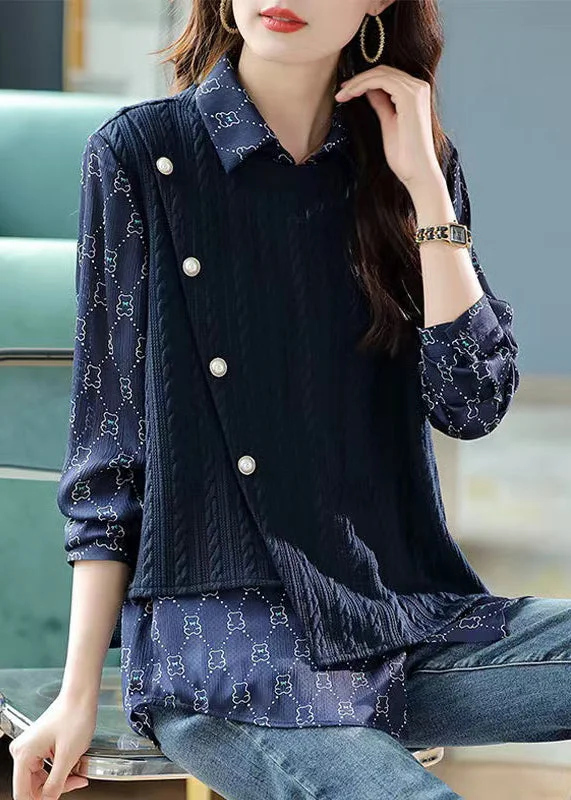 New Navy Asymmetrical Print False Two Pieces Cotton Blouses Spring Vintage Polka Blouse