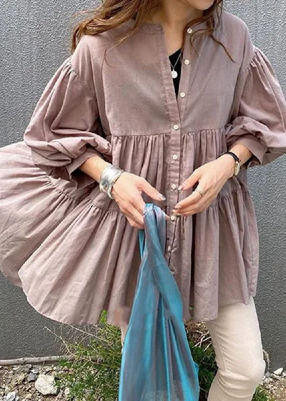 Pink Patchwork Chiffon Blouse Tops O Neck Lantern Sleeve Elegant Office Blouse