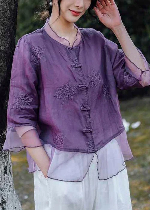Purple Button Tulle Patchwork Blouses Embroidered Summer Loose Fit Blouse