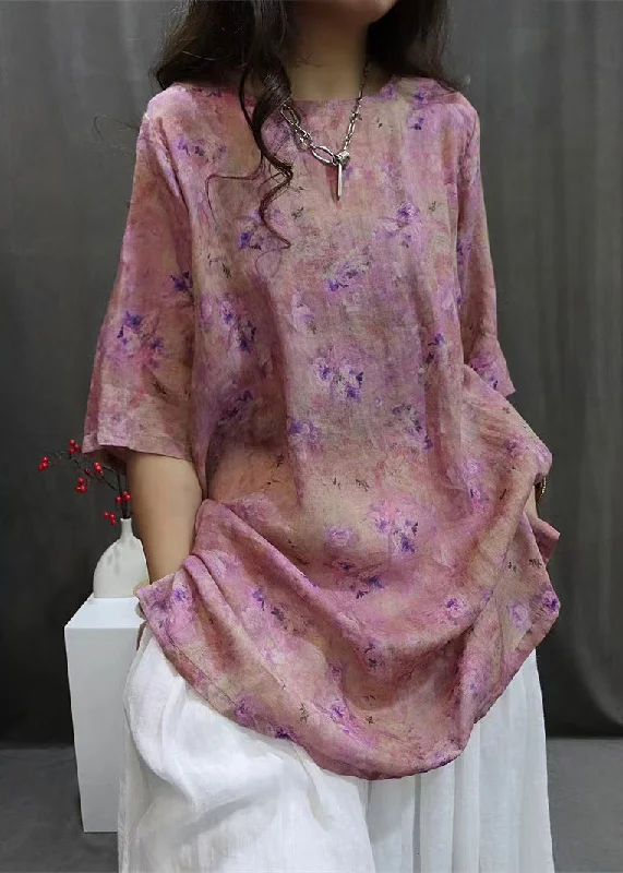 Purple Side Open Linen Blouse O-Neck Summer Vintage Lace Blouse