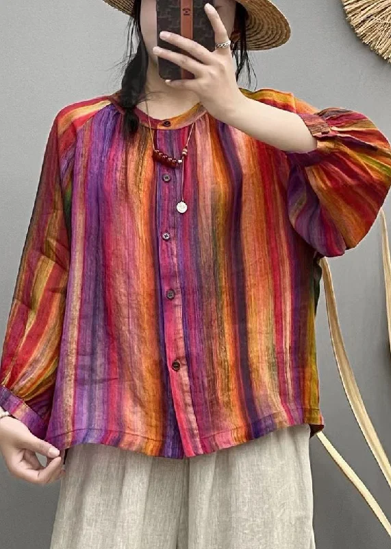 Rainbow Button Patchwork Linen Blouses O Neck Spring Sleeveless Summer Blouse