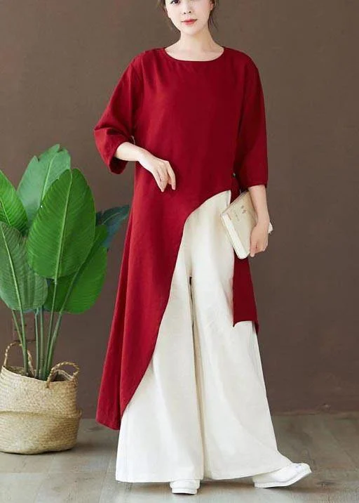 Simple Burgundy Tops Women Blouses O Neck Asymmetric Shirts Office-Ready Blouse