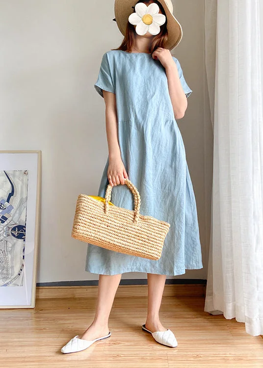 Simple Light Blue O-Neck Cinched Linen Blouse Tops Short Sleeve Satin Drape Blouse