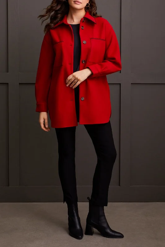 Tribal Button Front Shacket w/ Blanket Stitch 1864O-3995-1034 Scarlet Ruched Sleeve Blouse