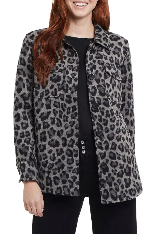 Tribal Leopard Print Shacket with Pockets 7171O-4466-0005 Grey Elegant Embroidery Blouse