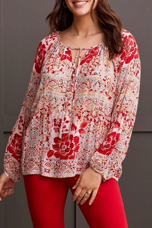 Tribal Long Sleeve Blouse w/ Tie 1949O-8014-1034 Scarlet Elegant Peplum Blouse