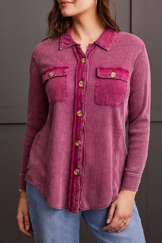 Tribal Loose Shacket w/ Combo Wash Effect 7687O-4690-1825 Port Wine Satin Drape Blouse Tribal Loose Shacket w/ Combo Wash Effect 7687O-4690-1825 Port Wine Satin Drape Blouse