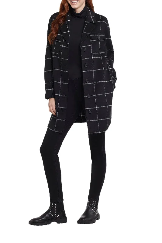 Tribal Windowpane Print Shacket with Pockets 7183O-4466-1356 Black/White Floral Chiffon Blouse