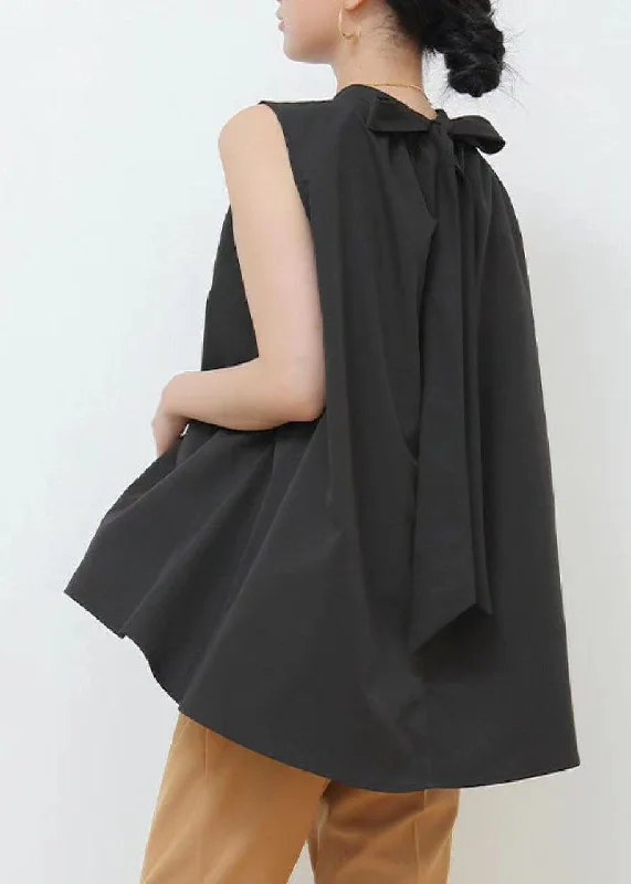 Vintage Black Wrinkled Patchwork Bow Cotton Blouses Sleeveless Smart Business Blouse