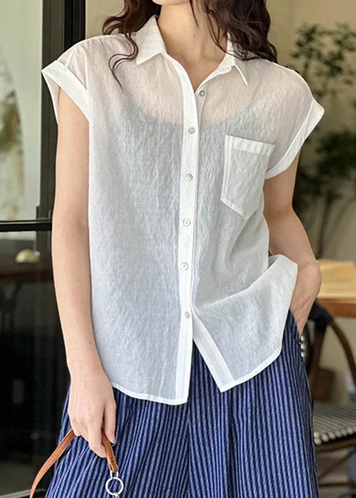 White Pockets Silk Cotton Blouses Peter Pan Collar Short Sleeve Ruched Sleeve Blouse