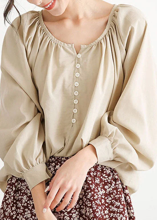 Women Apricot O Neck Wrinkled Button Cotton Blouse Top Lantern Sleeve Peter Pan Collar Blouse