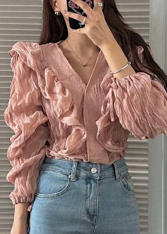 Women Pink V Neck Ruffled Patchwork Chiffon Blouses Spring Backless Summer Blouse
