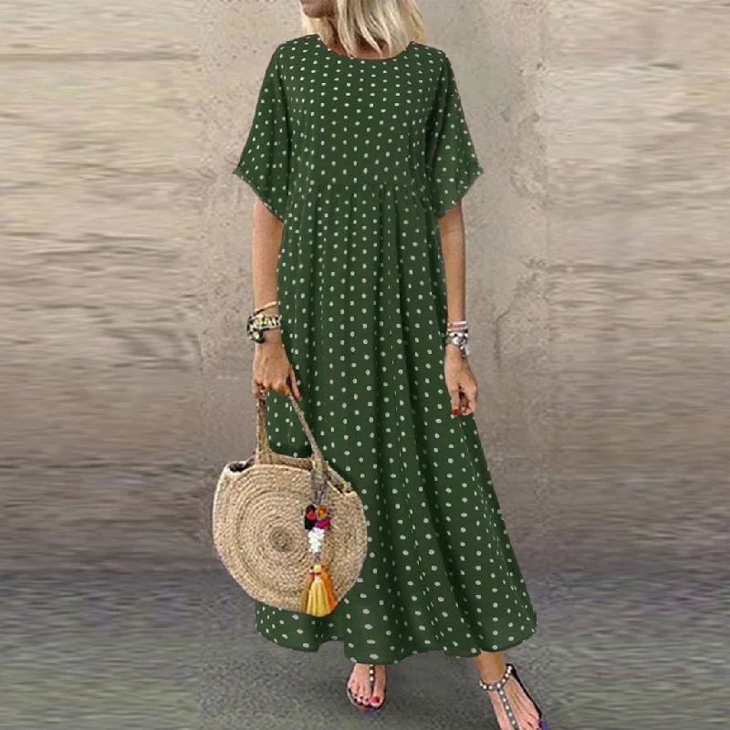 Women Sundress Vintage O-Neck Long Maxi Dress Female Casual Dot Pinted Summer Dress Beach Boho Dresses Vestidos Robe Stylish A-Line Maxi Dress