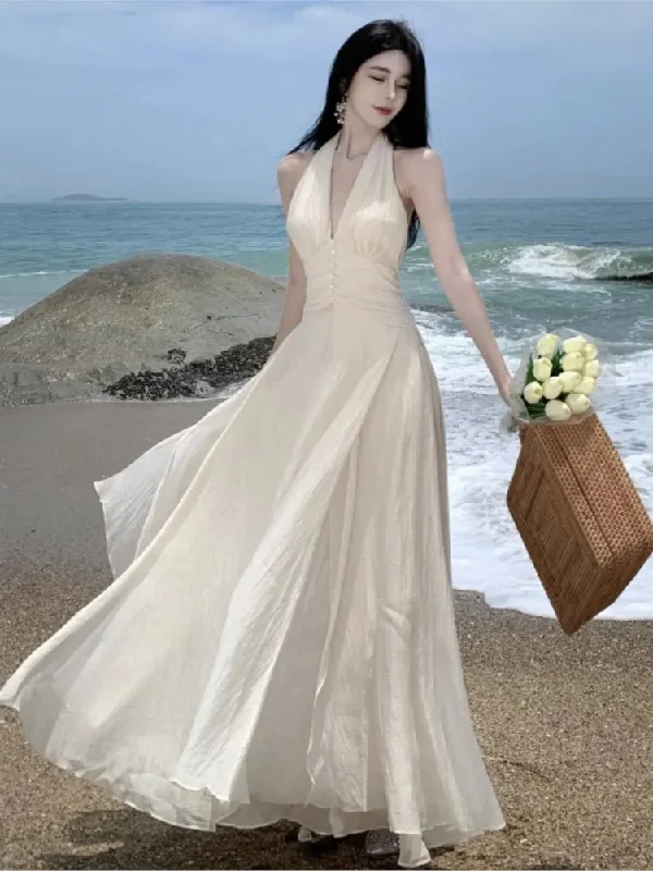 Summer Sleeveless Halter Long White Maxi Dress Elegant Tight Waist V-neck Beach Dress Robes Du Soir Evening Dresses Wedding Prom Cozy Longline Maxi Dress
