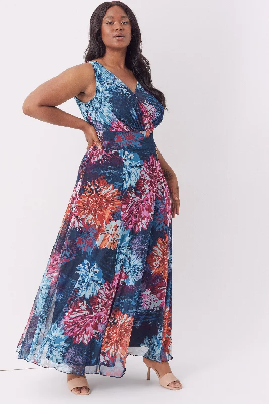 Amelia Blue Multi Print Mesh Maxi Dress Trendy Maxi Dress with Bow