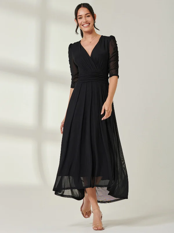 Aneissa Ruched Sleeve Mesh Maxi Dress, Black Trendy Off-Shoulder Ruffle Maxi Dress