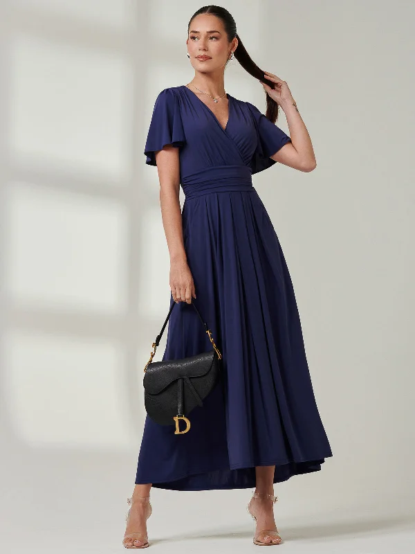 Angel Sleeve Super-Smooth Jersey Maxi Dress, Navy Elegant Lace Maxi Dress