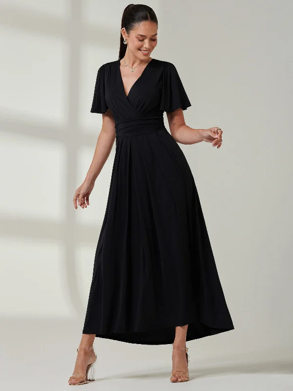 Angel Sleeve Super-Smooth Jersey Maxi Dress, Black Fashionable Asymmetrical Maxi Dress