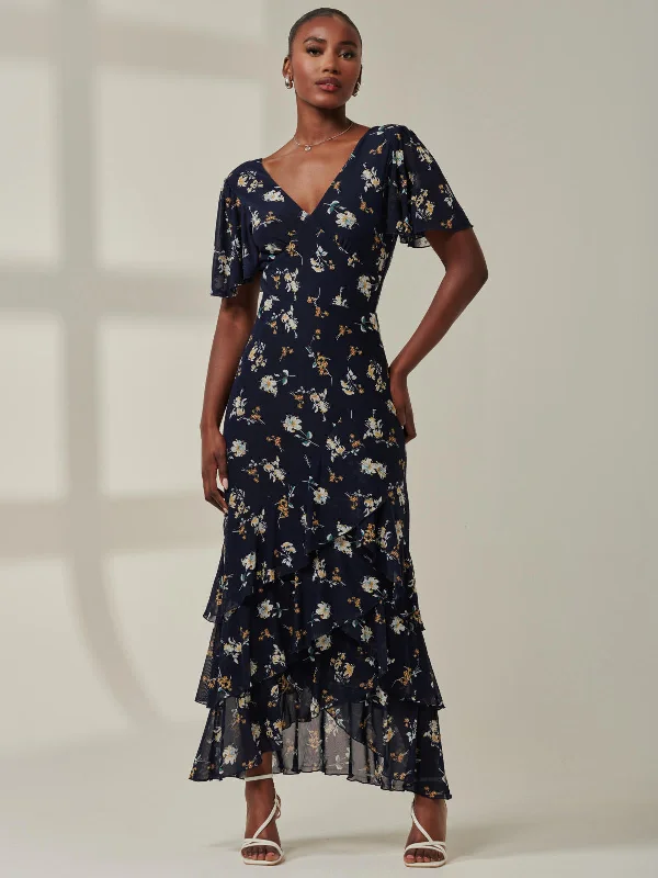 Angel Sleeve Tiered Hem Maxi Dress, Navy Floral Cozy Maxi Dress with Slit