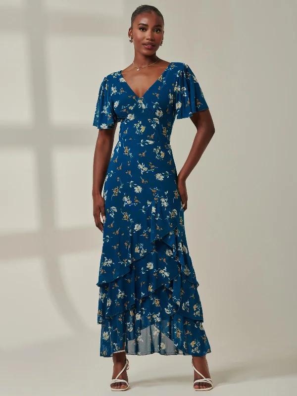 Angel Sleeve Tiered Hem Maxi Dress, Teal Floral Stylish Longline Maxi Dress