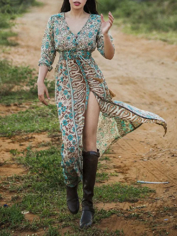 Attractive Bohemia 3/4 Sleeve Front Split Beach Dress Maxi Dress Trendy Floral Print Maxi Dress