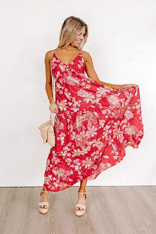 Beachside Bliss Maxi Dress in Red Trendy Satin Maxi Dress