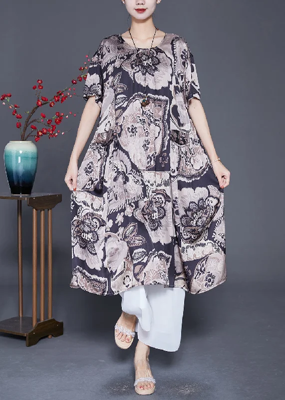 Beautiful Black Oversized Print Silk Maxi Dresses Summer Elegant Pleated Maxi Dress