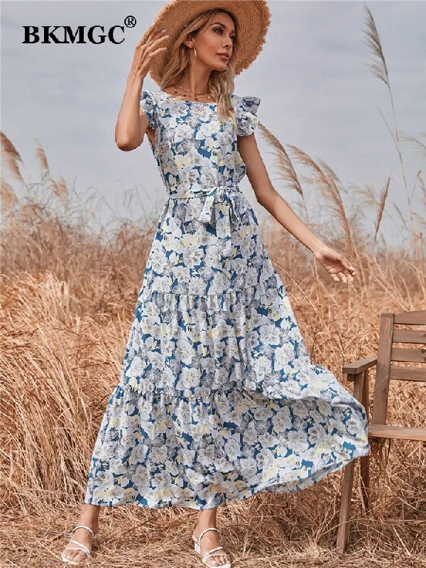 BKMGC Long Maxi Dresses For Women Casual Sleeveless Belt Elastic Ruffle Floral Printed Summer #6293 Comfortable Flowy Maxi Dress