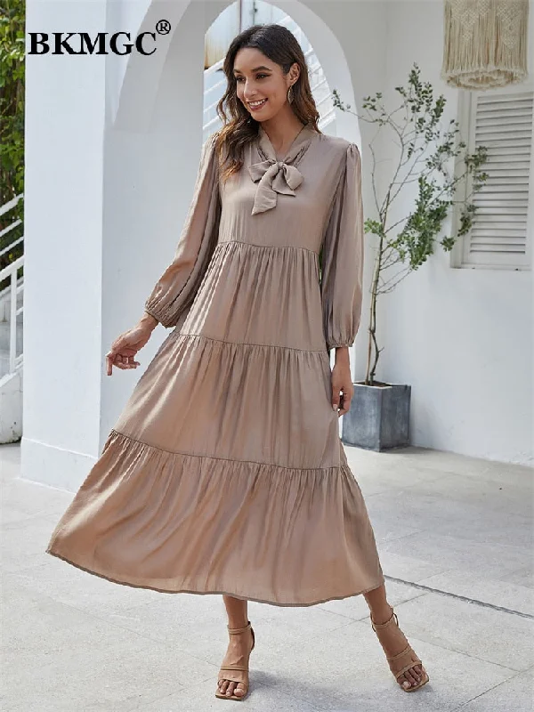 BKMGC Tiered Maxi Dress Champagne Tan Tie Neck Ascot Neckline Long Sleeve Ruffle Elegant Office Lady Autumn Dailywear Dresses Cozy Knitted Maxi Dress