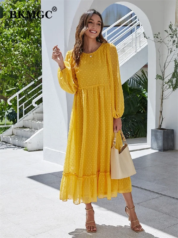 BKMGC Yellow 3D Dots Patchwork O-neck Lace Backline Mesh Chiffon Ruffle Hem Long Sleeve Maxi Dress For Women Summer Autumn Cloth Elegant Maxi Dress with Pockets