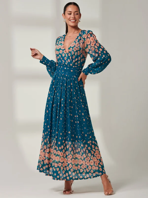 Blossom Long Sleeve Mesh Maxi Dress, Teal Multi Stylish Off-Shoulder Maxi Dress
