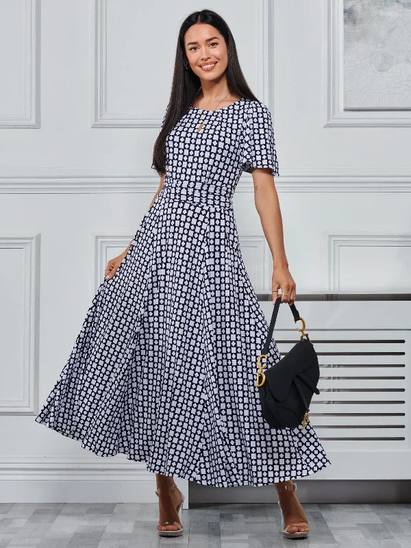 Boat Neck Angel Sleeve Maxi Dress, Navy Geo Stylish Maxi Dress with Frills