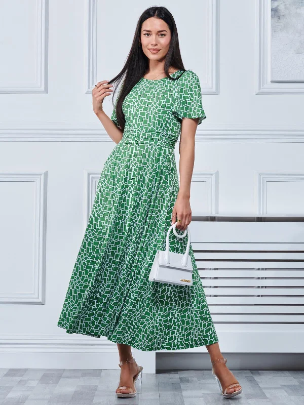 Boat Neck Angel Sleeve Maxi Dress, Green Geo Stylish A-Line Maxi Dress