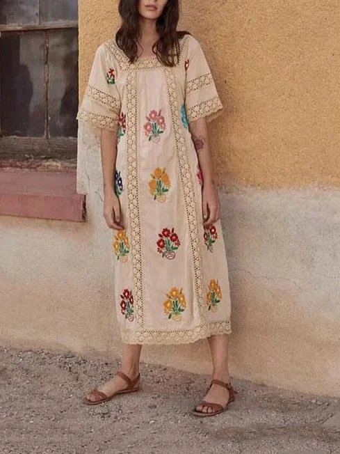 Bohemia Short Sleeve Embroidered Maxi Dress Comfortable Bohemian Maxi Dress
